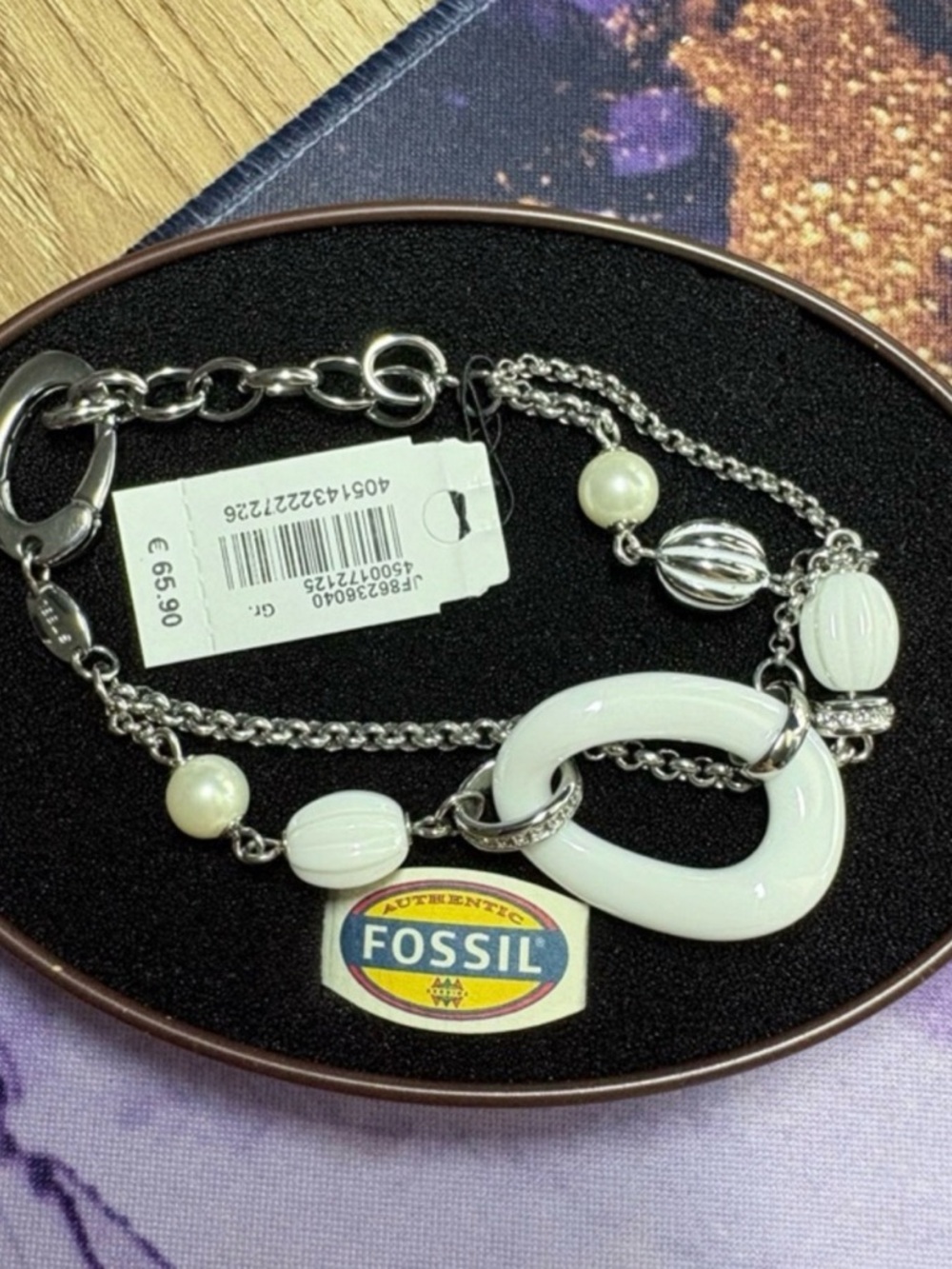 FOSSIL Silver-Tone Bracelet with White Ceramic Links and Pearlescent Beads NWT